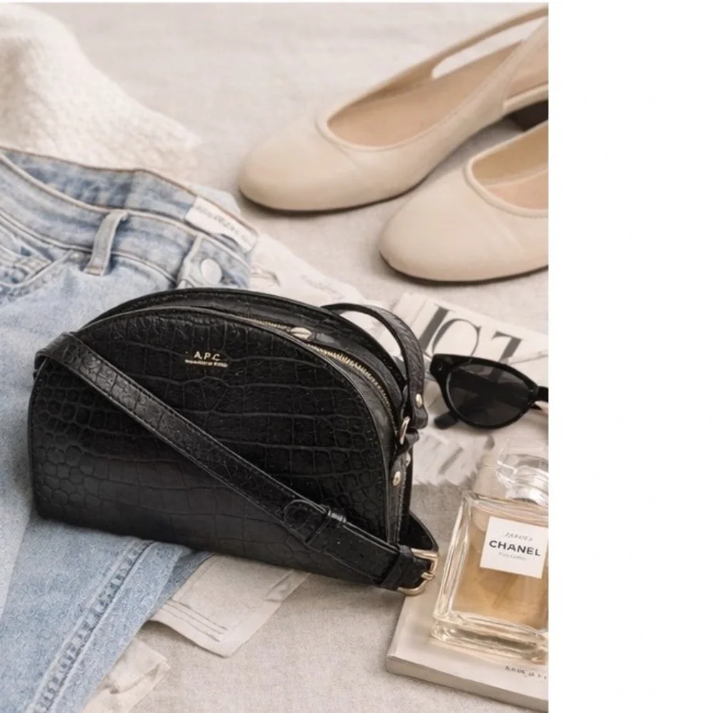 A.P.C. Demi-Lune Bag Black Croc Embossed Leather Half Moon Crossbody OS